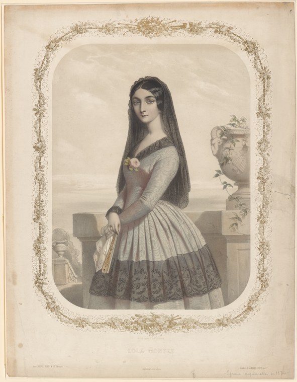 Lola Montez in theatrical costume stands alone on a classical terrace, holding a fan, her dark hair loose about her shoulders.