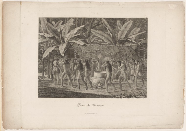 Engraving showing approximately twenty unclothed figures assembled beneath a thatched structure in a tropical setting, arranged around a central fire.