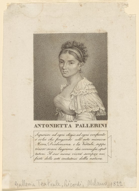Engraved portrait of Antonietta Pallerini, a young woman in neoclassical dress with upswept hair and a laurel wreath.