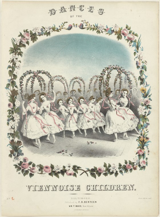 Eight young female dancers in white dresses arranged in concentric arches beneath a flowering bower, surrounded by a decorative border of pink roses and birds.