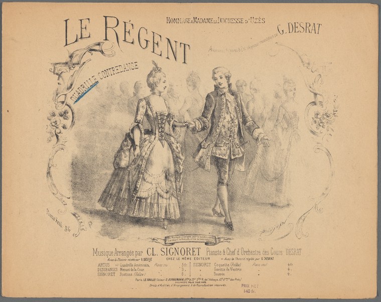 A man and woman in formal 18th-century dress face each other, poised to dance. Additional couples and spectators appear in shadow behind them, framed by rococo