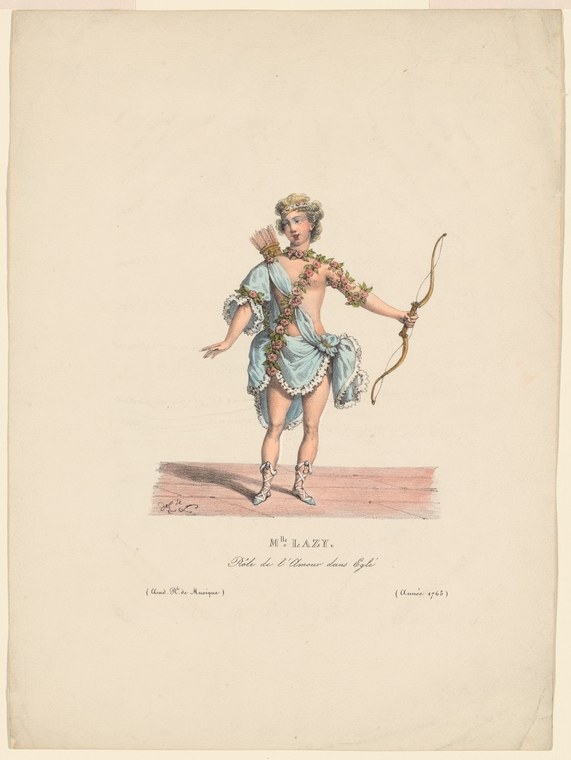 Hand-colored engraving of a woman in pale blue draped dress with floral garlands, posed holding a bow as Cupid in the theatrical role of l'Amour.