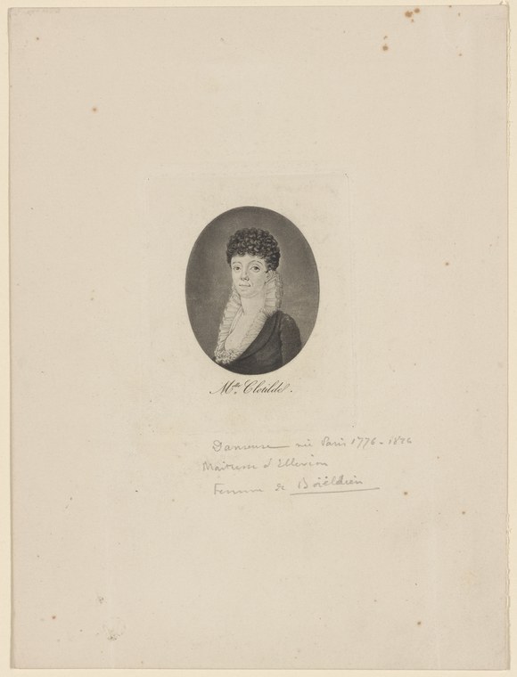 Oval engraved portrait of a young woman with dark ringlets, low-necked dress, and downward gaze, labelled Mlle Clotilde.