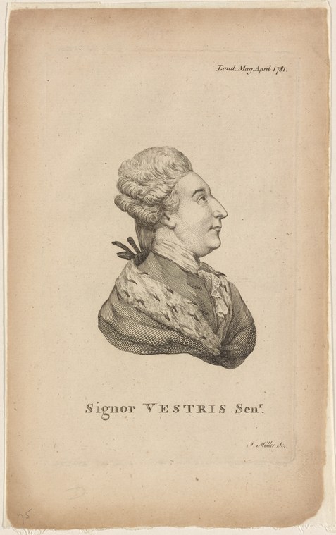 Engraved profile portrait bust of Signor Vestris Senr., a man with curled hair and draped cloak, dated 1781.