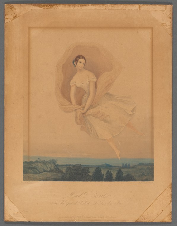 Woman in pale dress and backbend, floating upward through clouds above a river landscape in a sepia-toned theatrical print.