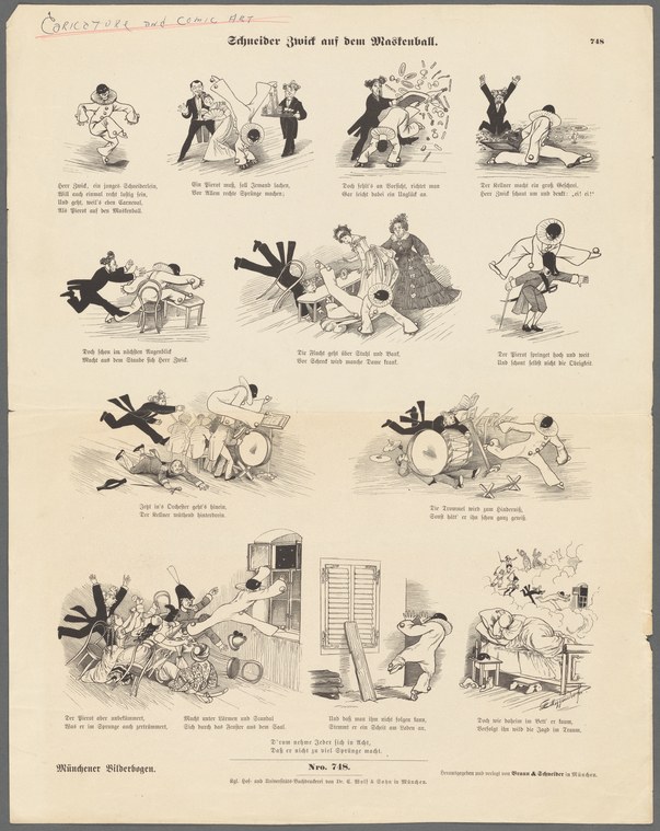 Sequential comic engraving showing a man in formal dress repeatedly falling and colliding with other dancers at a masquerade ball.