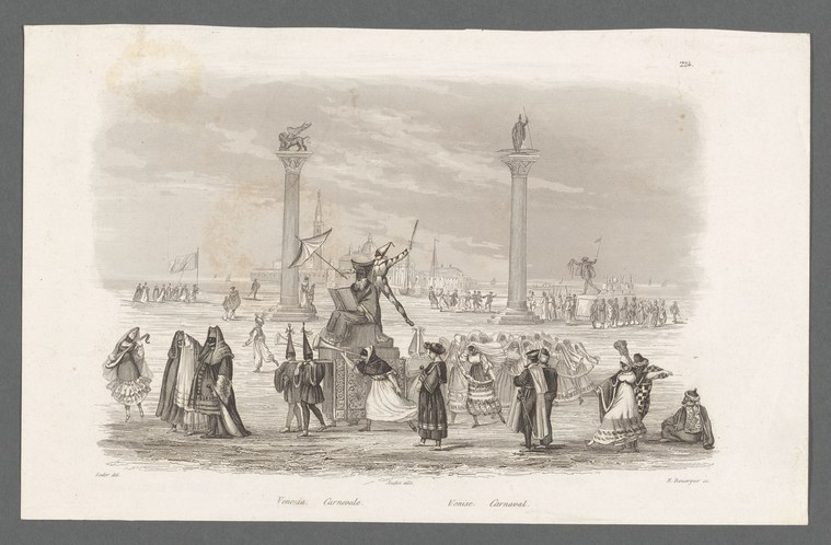 Engraving of costumed carnival dancers celebrating in Venice's Piazza San Marco, with a leaping figure at center and architecture in background.
