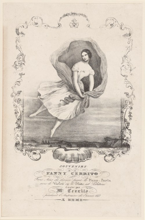 Ballerina in white gown floats above moonlit landscape, framed by ornate rococo border, labeled Cerrito Rome 1843.