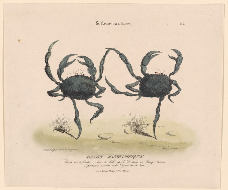 Two crabs face each other with raised claws and extended eyestalks in a symmetrical stance against a pale background.