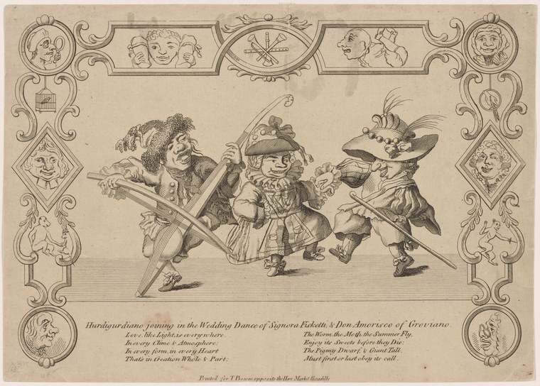 Engraving of three grotesquely caricatured figures in wild, contorted poses framed by ornate Baroque border with scrollwork and masks.