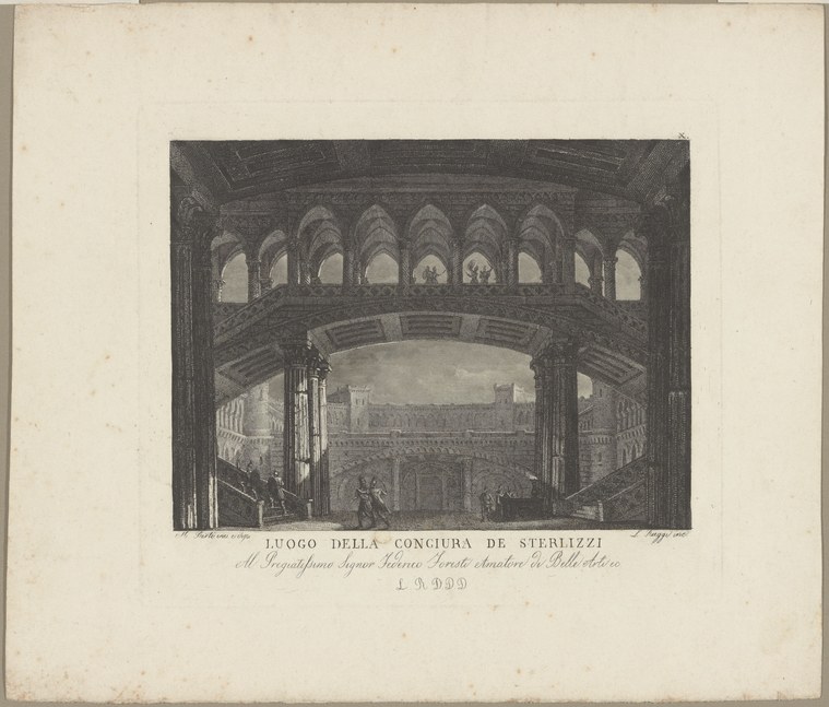 Engraving of an architectural interior with a barrel-vaulted ceiling and gallery, populated with figures in formal dress distributed across a vast floor.