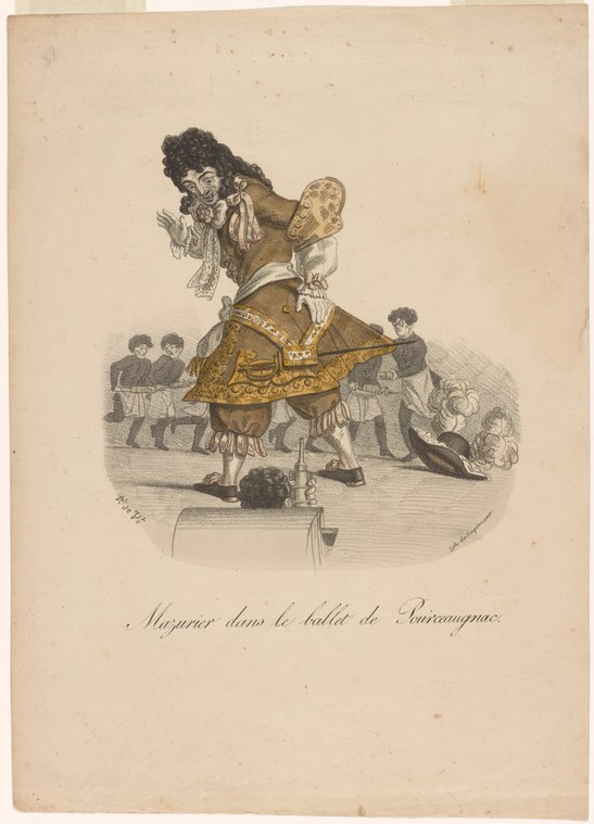 Hand-colored theatrical print: male dancer in ornate gold jacket and white stockings, balanced on one leg with the other raised high, arms extended in
