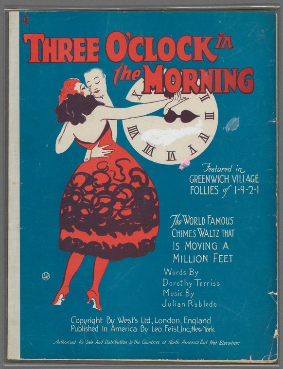 Woman in red dress and hat holds oversized clock face while a man in dark clothes leans toward her, blue background, 1921 Broadway poster.
