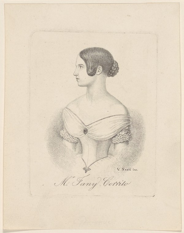 Portrait engraving of Fanny Cerrito, a young woman in three-quarter profile wearing a Romantic-era ballet dress with tulle skirt and off-shoulder bodice.