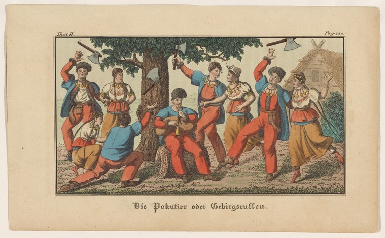 A dozen figures in 16th-century German dress dance and leap beneath a tree in a hand-colored engraving, bodies contorted in exaggerated postures.