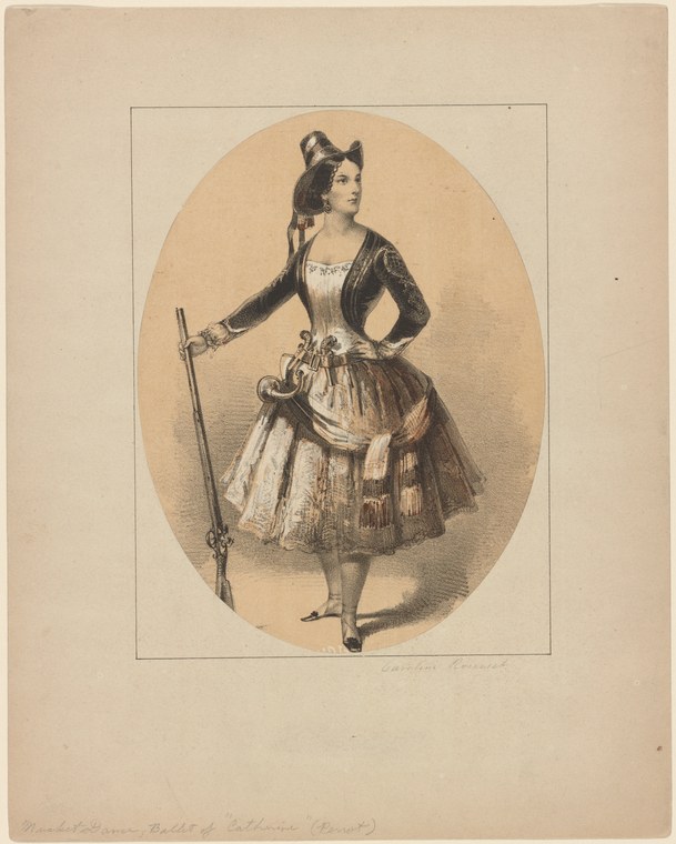 A woman in 1830s theatrical costume holds a wooden staff, wearing a fitted jacket and gathered skirt, her expression serious and alert.