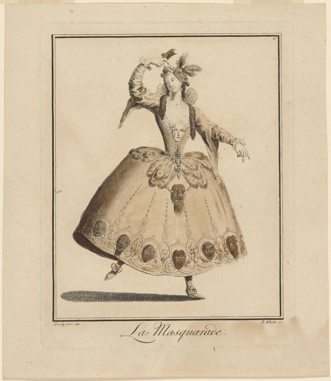 A woman in baroque costume with a voluminous skirt decorated with human faces raises her arms in a formal theatrical pose in this engraving.