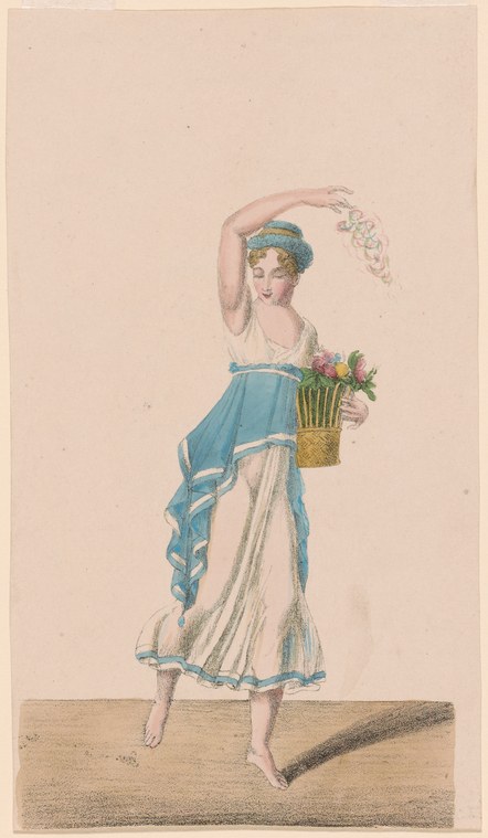 Hand-colored engraving of a barefoot woman in a white slip dress and blue drapery, holding a basket of flowers, arm raised upward in classical pose.