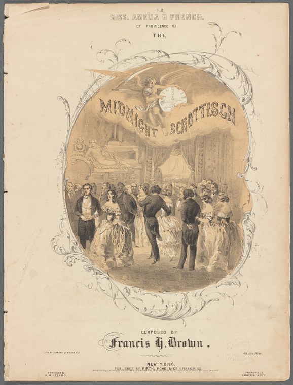 Title page of published schottische music showing a crowded ballroom assembly of formally dressed men and women, 1840s-1850s.