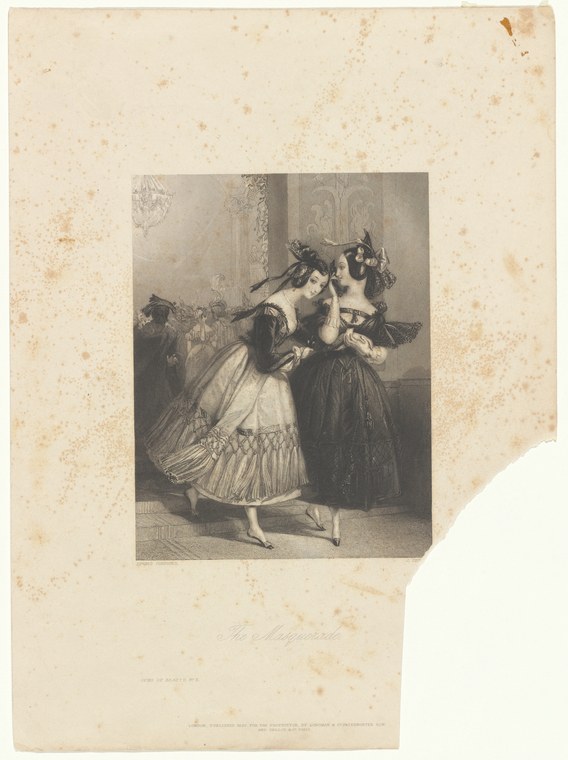 Two women in ball dress lean toward one another in animated conversation at what appears to be an interior ballroom, caught in a moment of surprise or