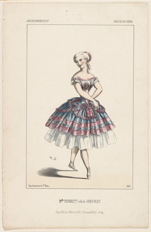 Hand-colored print of a female ballet dancer in a tiered blue and pink skirt with white bodice, standing in posed position on one foot.