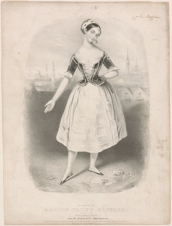A woman in a dark velvet bodice and pale skirt stands with lowered gaze and one leg extended, posed against a cityscape background.