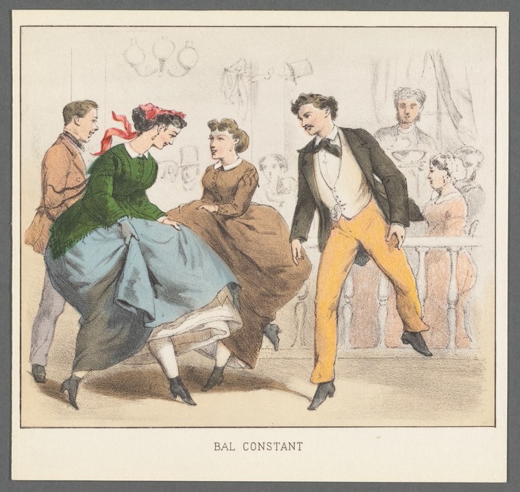 Hand-colored engraving of a couple waltzing in a Gilded Age ballroom, surrounded by fashionable spectators in formal dress.