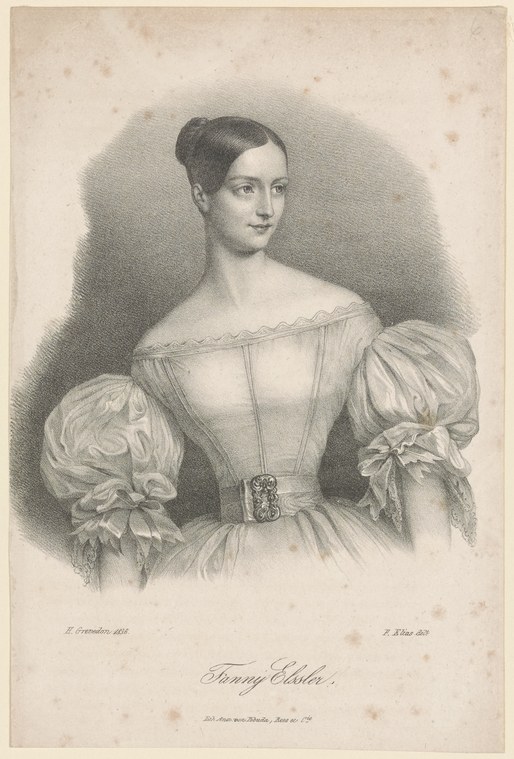 Engraved portrait of a young woman in a white off-shoulder ball gown with puffed sleeves, identified as Fanny Elssler.