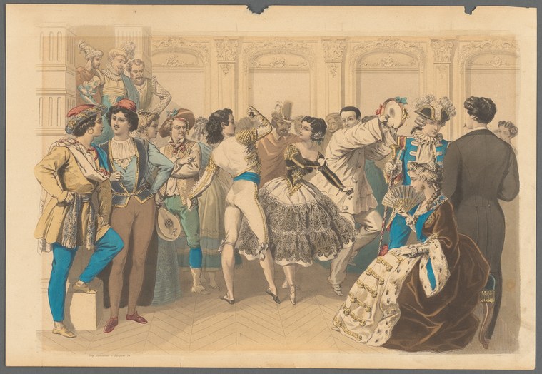 A hand-colored engraving of a fancy-dress ball with a couple in Spanish costume dancing or posing at center, surrounded by costumed guests in an ornate