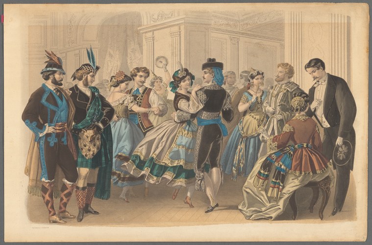 A hand-colored lithograph of a couple in Slavic folk costume dancing at a formal ball, surrounded by watching guests in European evening dress.
