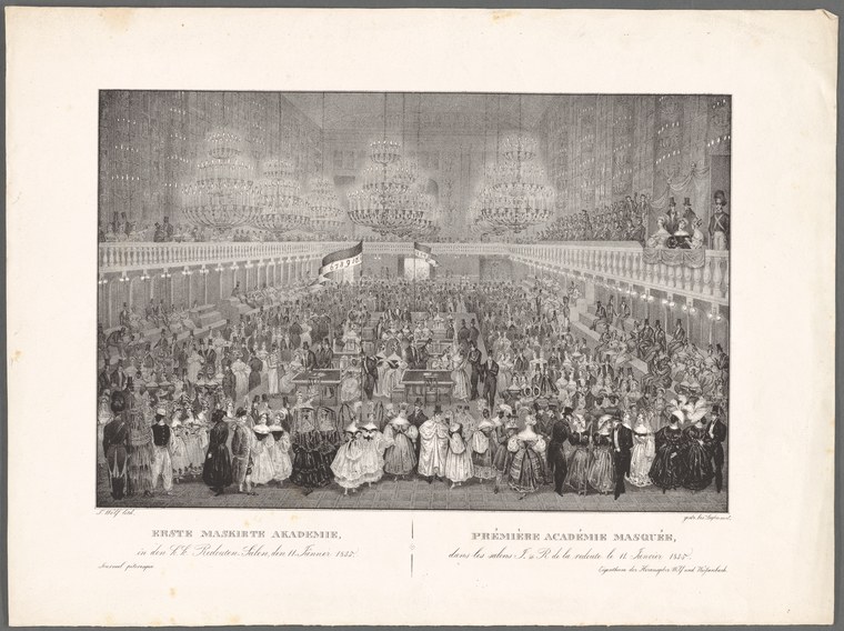 Engraved bird's-eye view of a grand masked ball in a Viennese ballroom, hundreds of costumed figures dancing and gathering beneath crystal chandeliers.