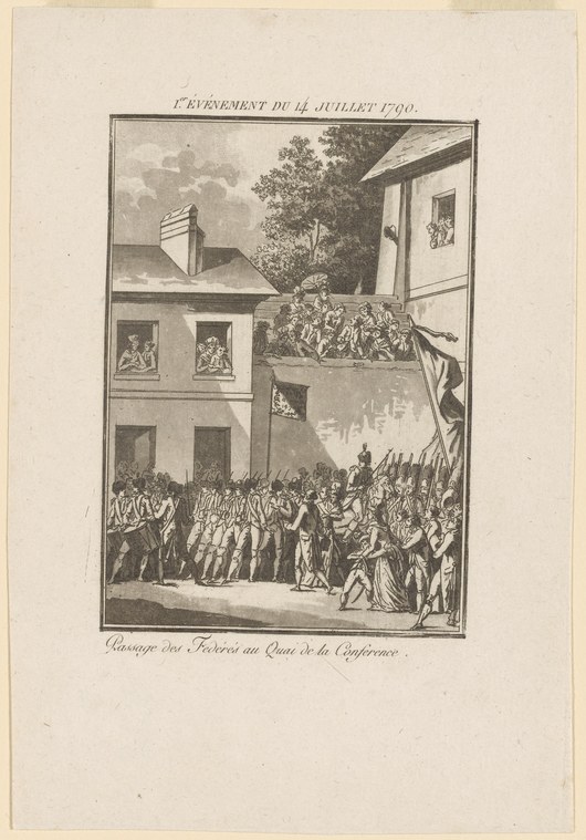 Engraving of a large crowd gathered before a classical building with uniformed figures standing on a raised platform.