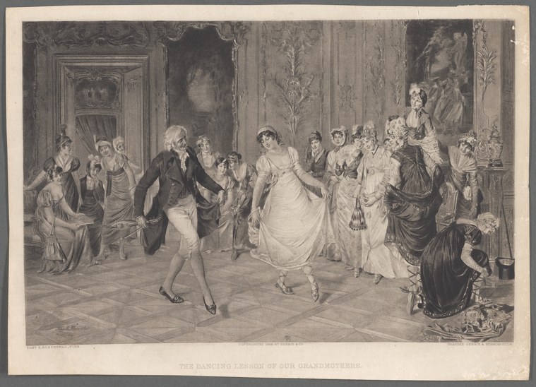 Engraving of a woman in white gown and man in dark coat dancing in a parlor while onlookers in period dress observe from chairs and doorways.