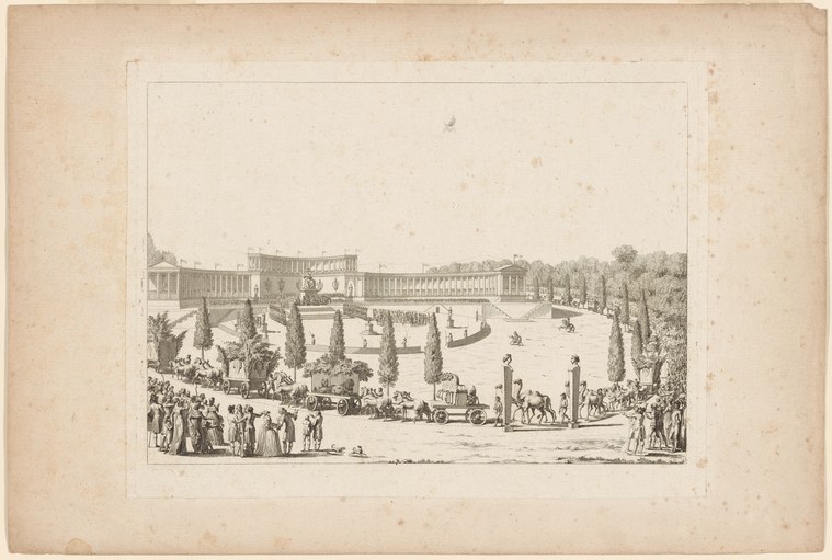 Engraving of a grand courtyard with classical buildings framing a ceremonial procession of crowds and symbolic figures representing sciences and arts.