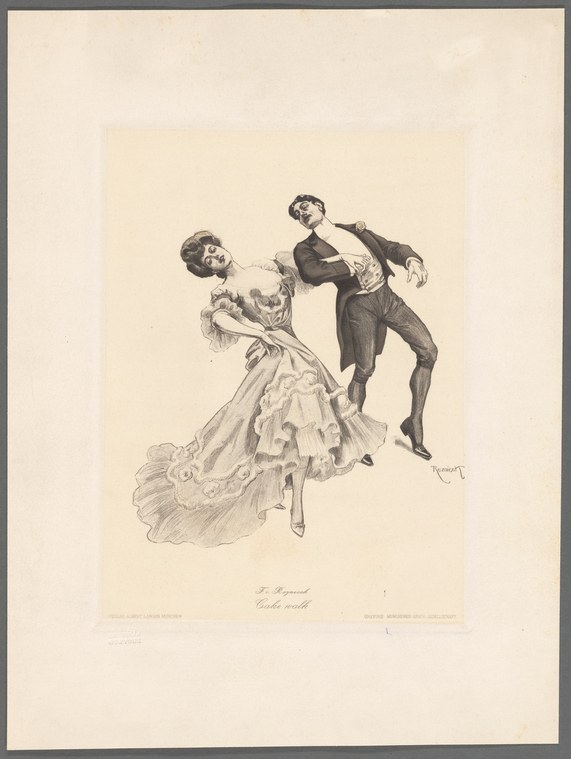 An engraving showing a man in dark formal dress leading a woman in a pale, ruffled gown in the Cake Walk, a social dance of the 1890s.