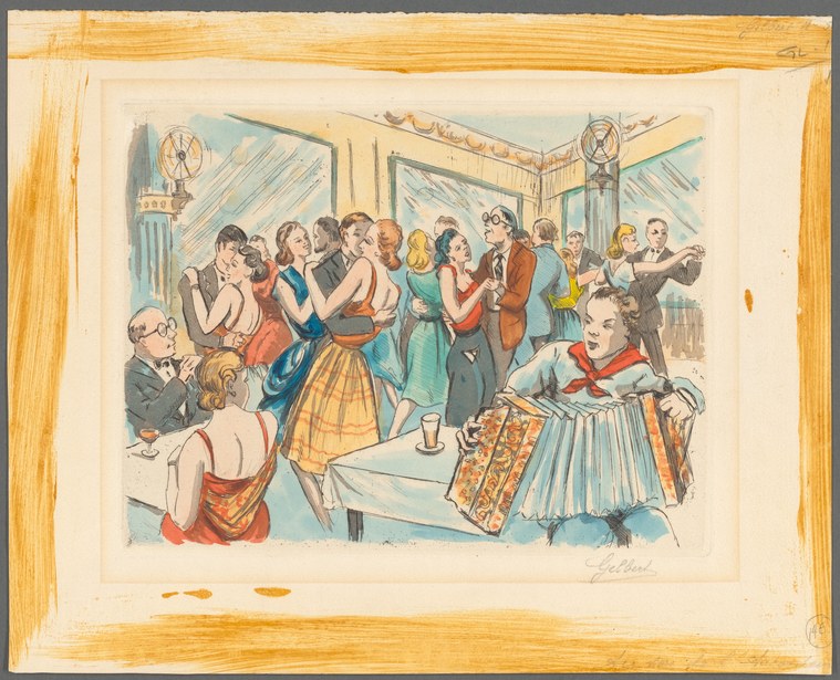 Hand-colored print of a crowded ballroom with couples dancing in closed hold while an accordion player sits in the foreground.