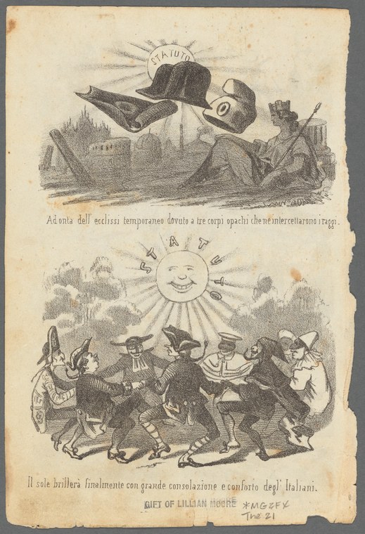 Satirical engraving in two panels: above, three floating hats radiating light above a city; below, dozens of figures of various social classes dancing