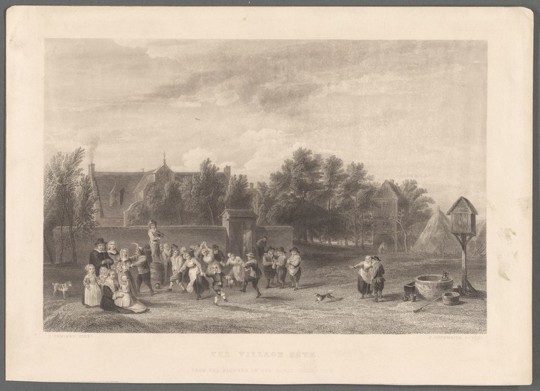 Engraving of couples dancing in an open space before a village church, with onlookers standing and sitting around them in 19th-century dress.