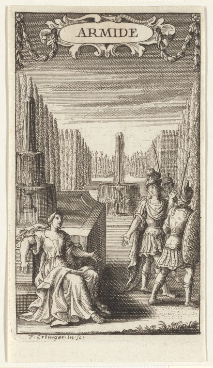 Engraving of two aristocratic figures in a columned palace: a reclining woman in elaborate dress and a standing man in military costume, with attendants beyond.