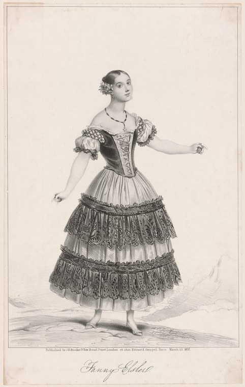 Engraving of a young woman in Romantic-era ballet costume: corseted bodice, tiered lace skirt, pointe shoes. She stands in profile with uplifted gaze and