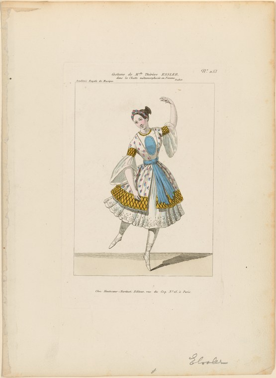 Hand-colored engraving of a female ballet dancer in Romantic-era costume: fitted white bodice, tiered gold-trimmed skirt, heeled slippers, holding a feathered