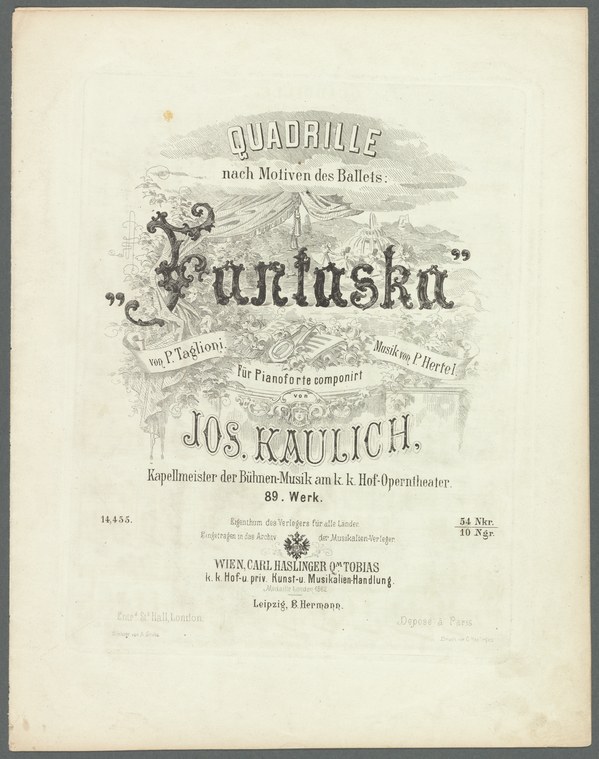 Ornate title page of a published quadrille arranged for piano, credited to P. Taglioni and P. Hertel, Vienna, with a theatrical vignette.