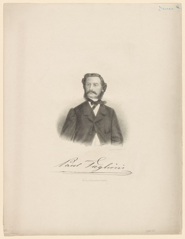 Engraved portrait of a bearded man in dark jacket and white shirt, labeled Paul Taglioni