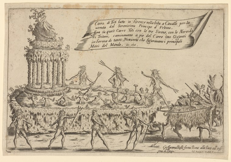 Engraving of an elaborately decorated chariot surrounded by classically draped figures in expressive dancing poses.