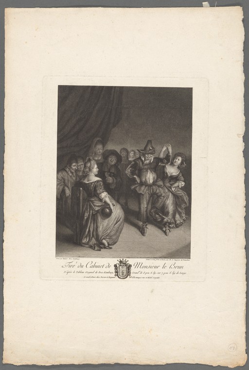 Engraving of a woman with raised arms amid a crowd of spectators in a dramatic theatrical setting with dark drapery.