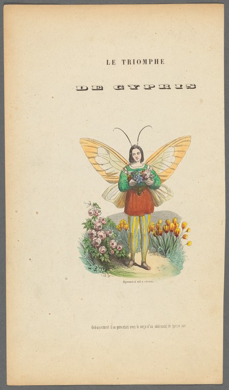 A winged woman in classical dress stands among pink roses and golden tulips, arms crossed, holding flowers.