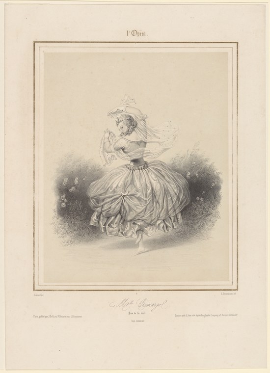 A female ballet dancer in a voluminous pleated skirt and tiara, suspended in an elegant pose with arms open, against theatrical shading.
