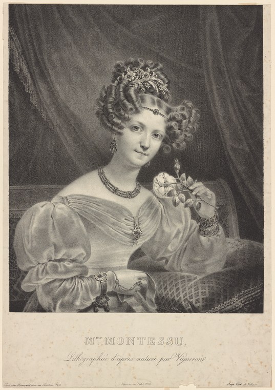 A young woman in Regency-era dress holds a flower, posed in formal portrait style against a dark background.