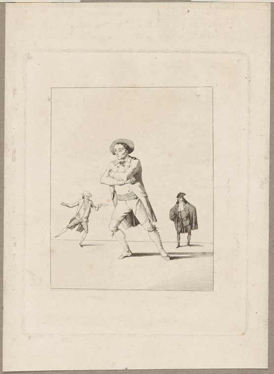 Engraving of a male dancer in coat and hat standing upright in formal pose, with two other figures nearby in a stage setting.
