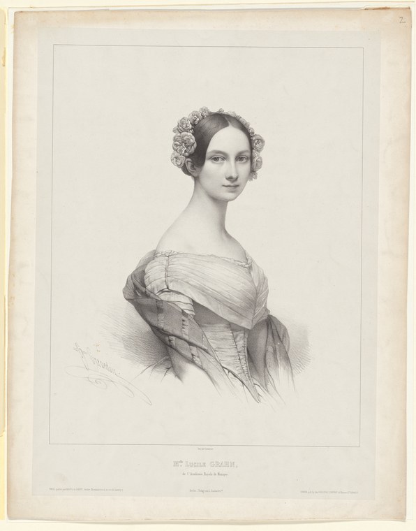 Engraved portrait of a woman in 1840s dress with elaborate curled hairstyle, identified as Lucile Grahn of the Paris Opera.